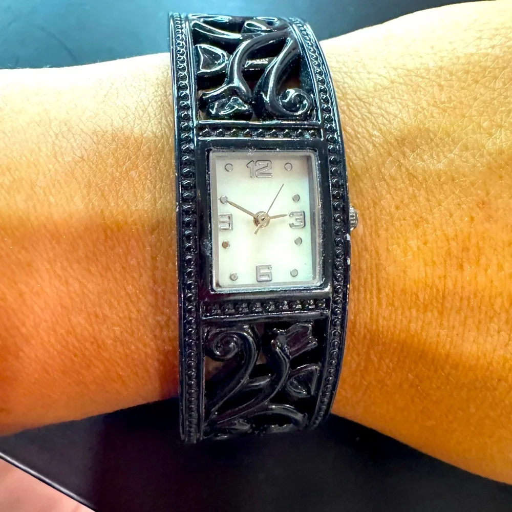 Black Filigree Bangle Cuff Watch – Hinged Bracelet Style, Quartz Movement - Picture 1 of 9